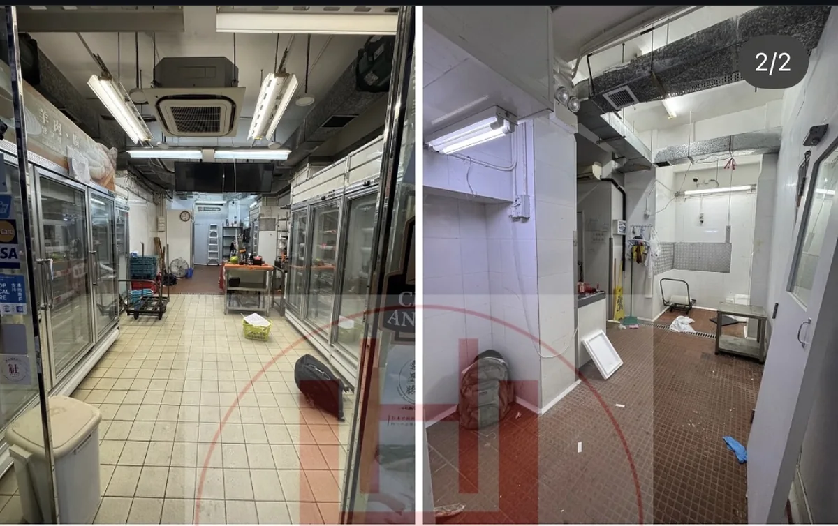九龍城約1200呎地舖租約期滿工程前室內情況,現場仍有冷櫃、照明及風槽